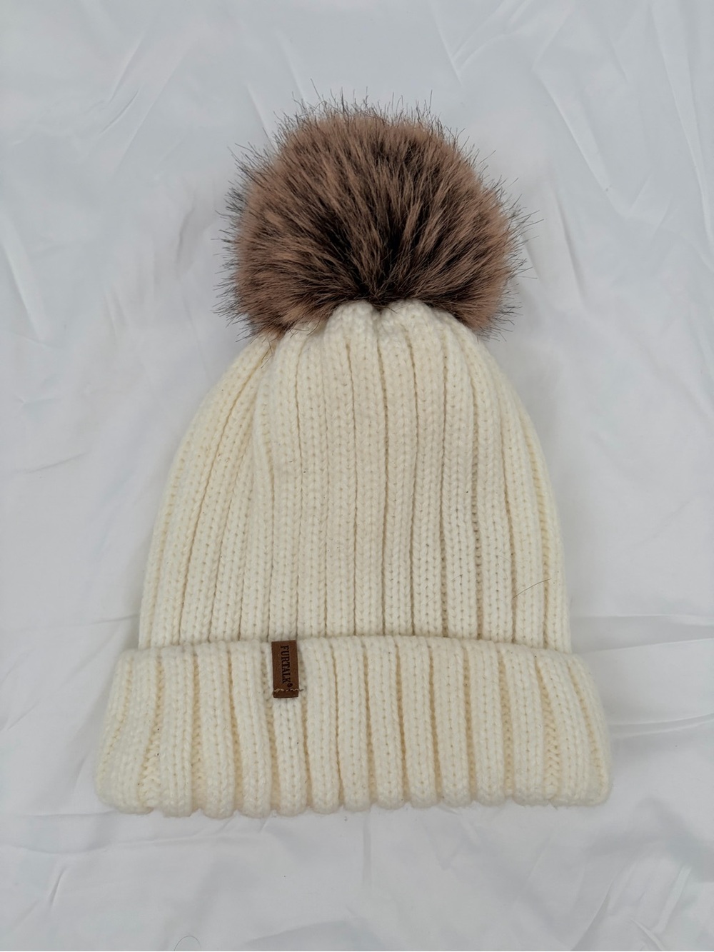 Cream Knit frizz control Pom Beanie with Brown Faux Fur Pom